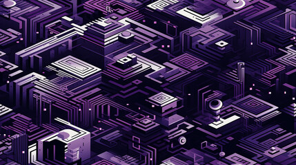 abstract isometric 3d background, black, white and violet city illustration,electronics components, repetitive tile background