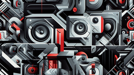 graphik pattern with black, red and white audio speakers elements, repetitive tile background