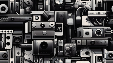 graphik pattern with black and white audio speakers elements, repetitive tile background