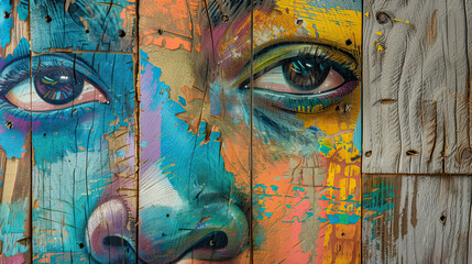 Abstract colorful Portrait of Human face on wood - obrazy, fototapety, plakaty
