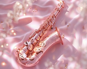 Golden Saxophone Bathed in Warm Light on a Silken Background with Musical Notes