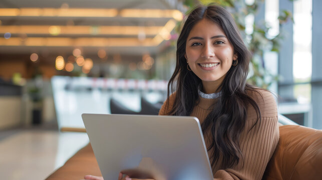Latina freelancer, woman 25 year old Hispanic holding an open laptop, with a modern office background.