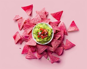 Fresh Homemade Guacamole with Vibrant Pink Tortilla Chips on Pink Background
