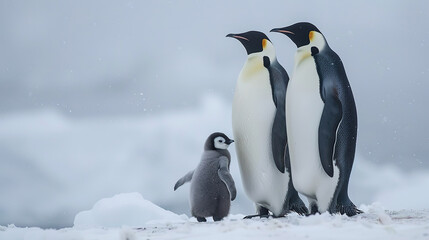 Fototapeta premium A family of emperor penguins standing together on the snow-covered surface, with one baby chick in between them. 