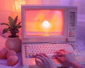 Woman Enjoying Serene Sunset on Vintage Computer in Cozy Room Setting - obrazy, fototapety, plakaty