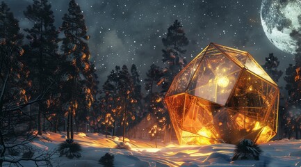 Cozy geometric cabin under wintry full moon. A cozy, geometric cabin glows warmly in a snowy winter landscape under a full moon - obrazy, fototapety, plakaty