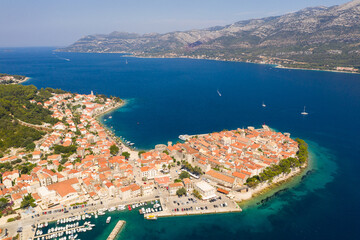 Korcula, Croatia: Aerial drone view of the famous Korcula old town and island, a popular beach...