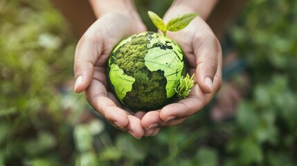 Naklejka na ściany i meble Hands holding Earth globe with green leaves. Green energy, ecology concept