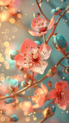 Radiant peach blossoms with soft bokeh.This is a captivating depiction of vibrant peach blossoms with a gentle bokeh effect in the backdrop
