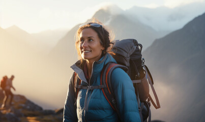 Female hiker traveling, walking alone in Himalayas under sunset light. Woman traveler enjoys with backpack hiking in mountains. Travel, adventure, relax, recharge concept..