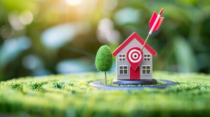 Successful real estate sales concept, featuring a symbolic arrow hitting the bullseye on a target, representing the achievement of a sales goal in the perfect location for a house.