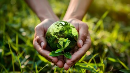 Hands holding Earth globe with green leaves. Green energy, ecology concept