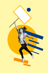 Vertical creative photo collage young running girl showing placard democracy discrimination fight...