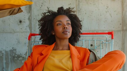 Confident Young African-American Woman in Stylish Orange Jacket Relaxing in Shopping Cart Indoors - obrazy, fototapety, plakaty