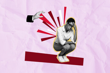 Creative collage picture upset depressed young sitting girl anxious mental pressure abuse conflict...