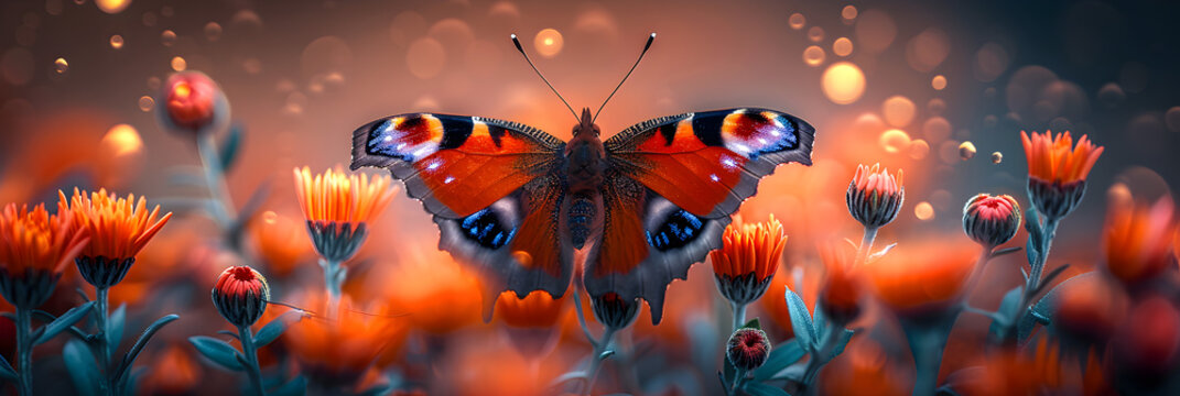 Bright Red Peacock Butterfly on Chrysanthemum Flower,
A butterfly with blue eyes and purple wings is on a flower
