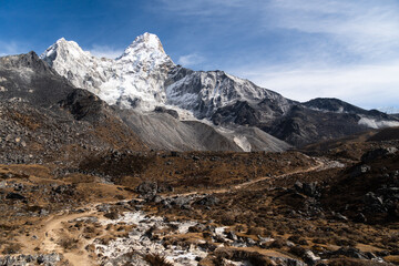 Ama Dablam from the base camp near Namche Bazaar in the Himalaya in Nepal in winter