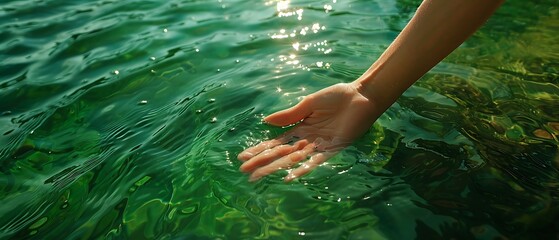 Symbolic act of preserving nature, Hand touching pure green river water on sunny day, advocating for environmental conservation