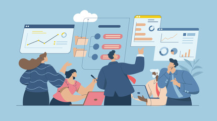 Business technology cloud computing service concept, Storing important data, Data analysis, Categorizing or classifying work files, Business team checking big data on dashboard or website page.
