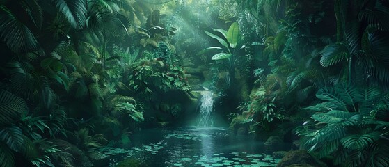 Enlightenment journey through a felt tropical jungle, beauty in the lush, waterdraped foliage, immersive, wide angle - obrazy, fototapety, plakaty