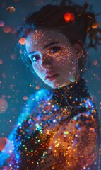Colorful light particles on dancing figure. A creatively captured figure seems to dance, adorned with a mesmerizing display of colorful light particles