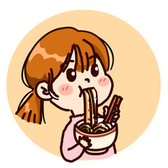 Young Girl Enjoying a Hearty Bowl of Noodles - Cartoon Vector Illustration