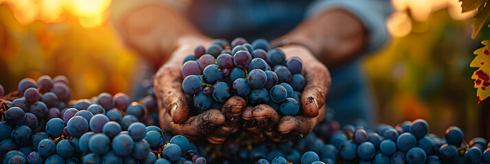 Close-up of Farmer Hands Picking Up Grapes,
Hands of male farmer harvesting grapes from vineyard