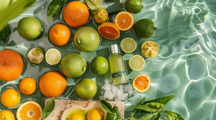 Exquisite display of citrus fruits and skincare on the water  AI generated illustration