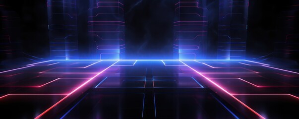black light grid on dark background central perspective, futuristic retro style with copy space for design text photo backdrop