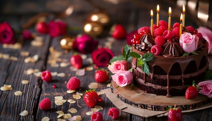 Birthday cake with chocolate frosting and fresh raspberries and strawberries, decorated with roses...