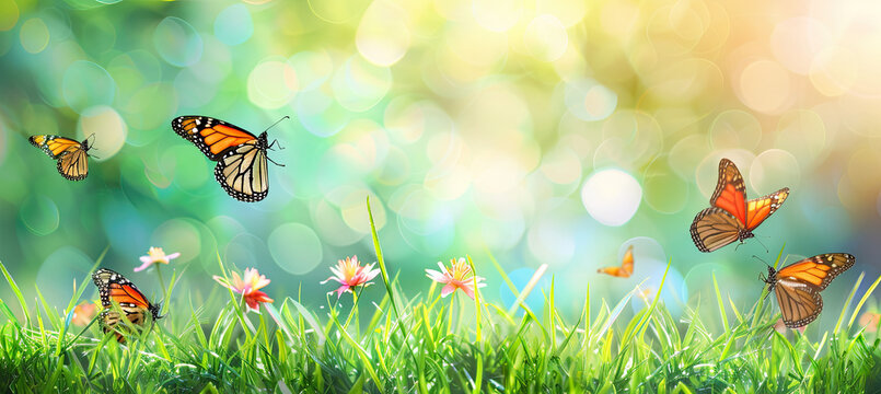Abstract natural background with butterflies and green grass 