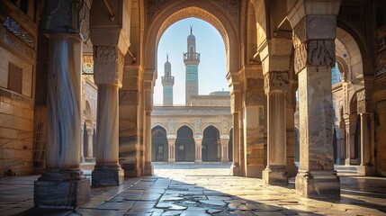 View of minaret through arches of Mosque 