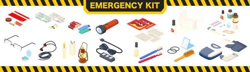 アイソメトリックで描いた防災グッズのイラストセット