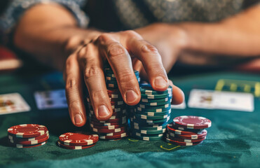 A man's hands hold a stack of poker chips at a casino table, depicting a poker game concept - obrazy, fototapety, plakaty