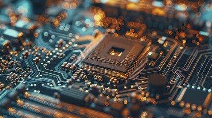 Obraz premium A close-up of a circuit board after it has been assembled. The circuit board is covered in components, and they are all perfectly aligned. The board is clean and free of defects. 