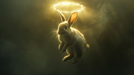 Golden halo of sunlight surrounds the floating rabbit  AI generated illustration - obrazy, fototapety, plakaty