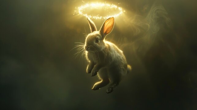 Golden halo of sunlight surrounds the floating rabbit  AI generated illustration