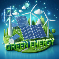 Green energy 3d text- renewable energy  - 779504583