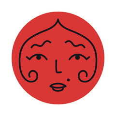 Red round face of woman. Illustration in doodle style.