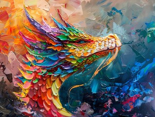 Dramatic, abstract dragon, colorful scales, using palette knife with oil, on a dynamic background, with rich lighting and colorful accents