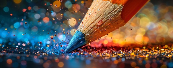 Vibrant pencil tip releases colorful glitters & pigments, symbolizing creativity & magic on paper - obrazy, fototapety, plakaty