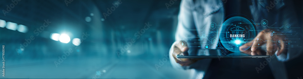 Aufkleber businessman use banking online on network connection. digital marketing. finance and banking network