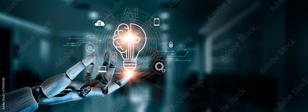 Poster AI, Technology, Machine learning, Hands of robot touch light bulb and brain icon, Data exchange on network, deep learning, Innovation, Creativity and inspiration, Science and artificial intelligence.