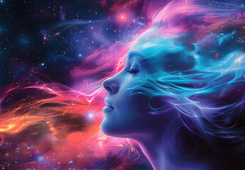 Obraz premium Synchronizing mind and cosmos with colorful psychic waves, cultivating spiritual wholeness and expanding mental horizons.