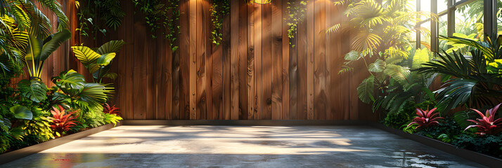 Empty Old Wood Plank Wall Render There Are Con,
A walkway in a tropical setting with palm trees and a sun setting - obrazy, fototapety, plakaty
