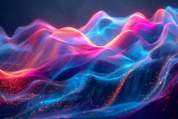 Poster Ondes fractales  A mesmerizing illustration showcasing a vibrant holographic wave, undulating with an array of vivid colors. The wave is depicted as a dynamic and iridescent ribbon of light