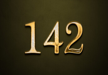 Old gold effect of 142 number with 3D glossy style Mockup.	