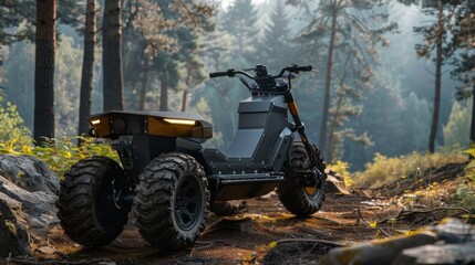 All-Terrain Electric Motorcycle on a Forest Trail