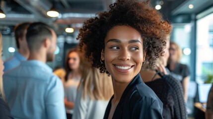 A business team welcoming a new member to the team, their faces warm and welcoming. The new member is smiling and looking around the room, feeling excited and nervous at the same time.