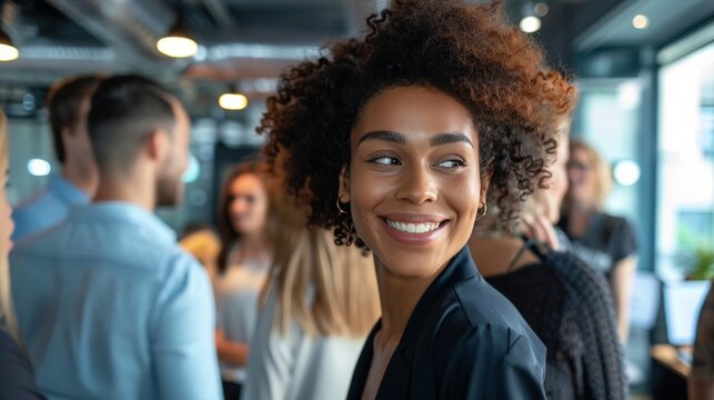 A business team welcoming a new member to the team, their faces warm and welcoming. The new member is smiling and looking around the room, feeling excited and nervous at the same time.